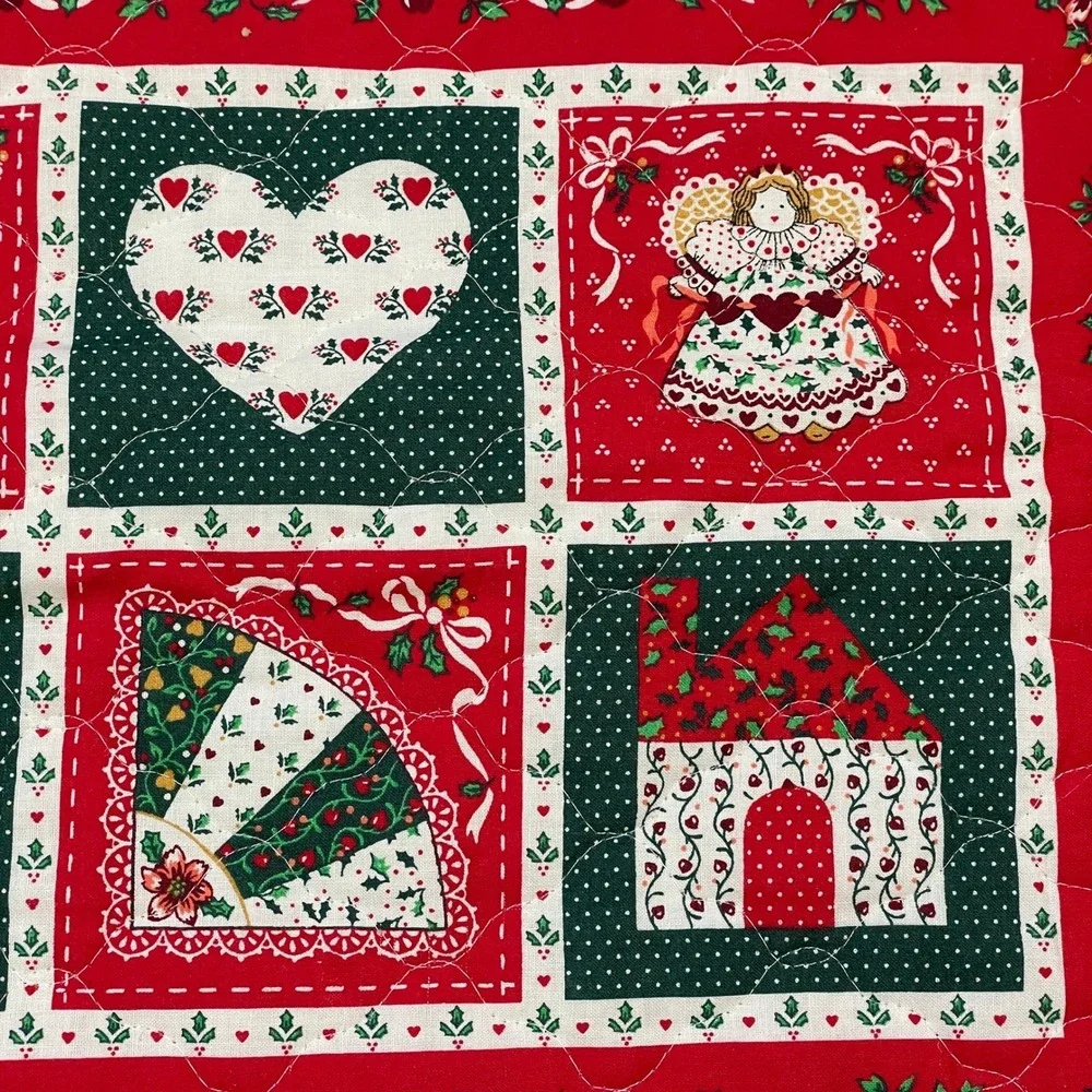 Handmade Christmas Lace Trim Quilt Holiday Decor Red Green‎ White Angels 73x45